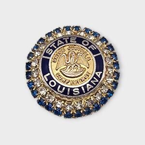State of Louisiana Seal Vintage Brooch Cinerama Rhinestone & Enamel Souvenir Pin